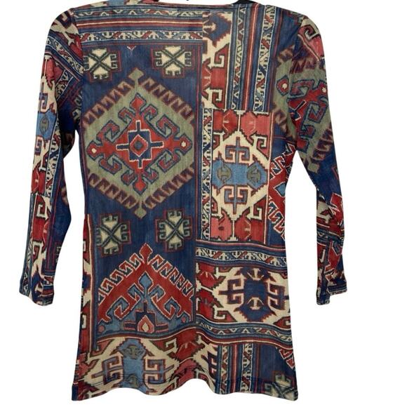 Chaps Y2K Sheer Mesh Ruffle Aztec Print Fitted V Neck Top Small Southwestern - Picture 2 of 9